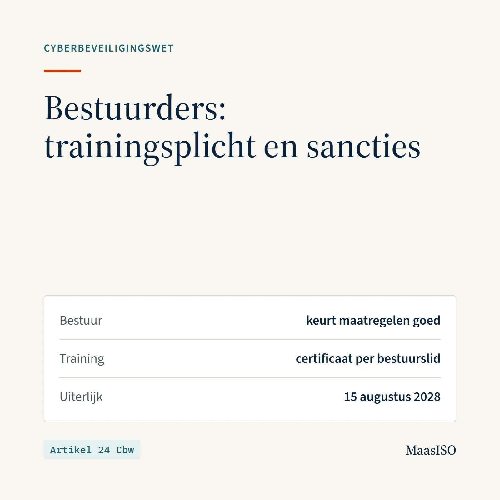 Bestuurders en de Cyberbeveiligingswet: het bestuur keurt maatregelen goed, certificaat per bestuurslid, uiterlijk 15 augustus 2028 (artikel 24 Cbw)