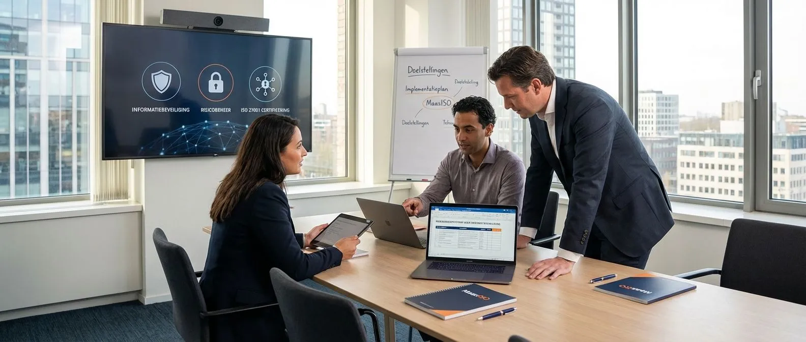 Professioneel team bespreekt ISMS implementatie en ISO 27001 certificering
