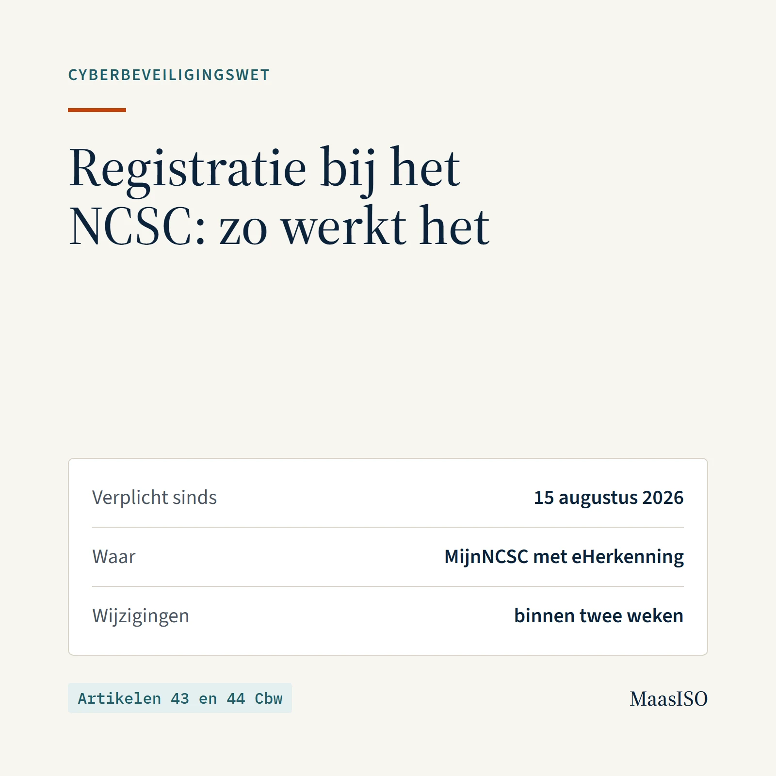 Registratie Cyberbeveiligingswet bij het NCSC: verplicht sinds 15 augustus 2026, via MijnNCSC met eHerkenning, wijzigingen binnen twee weken (artikelen 43 en 44 Cbw)