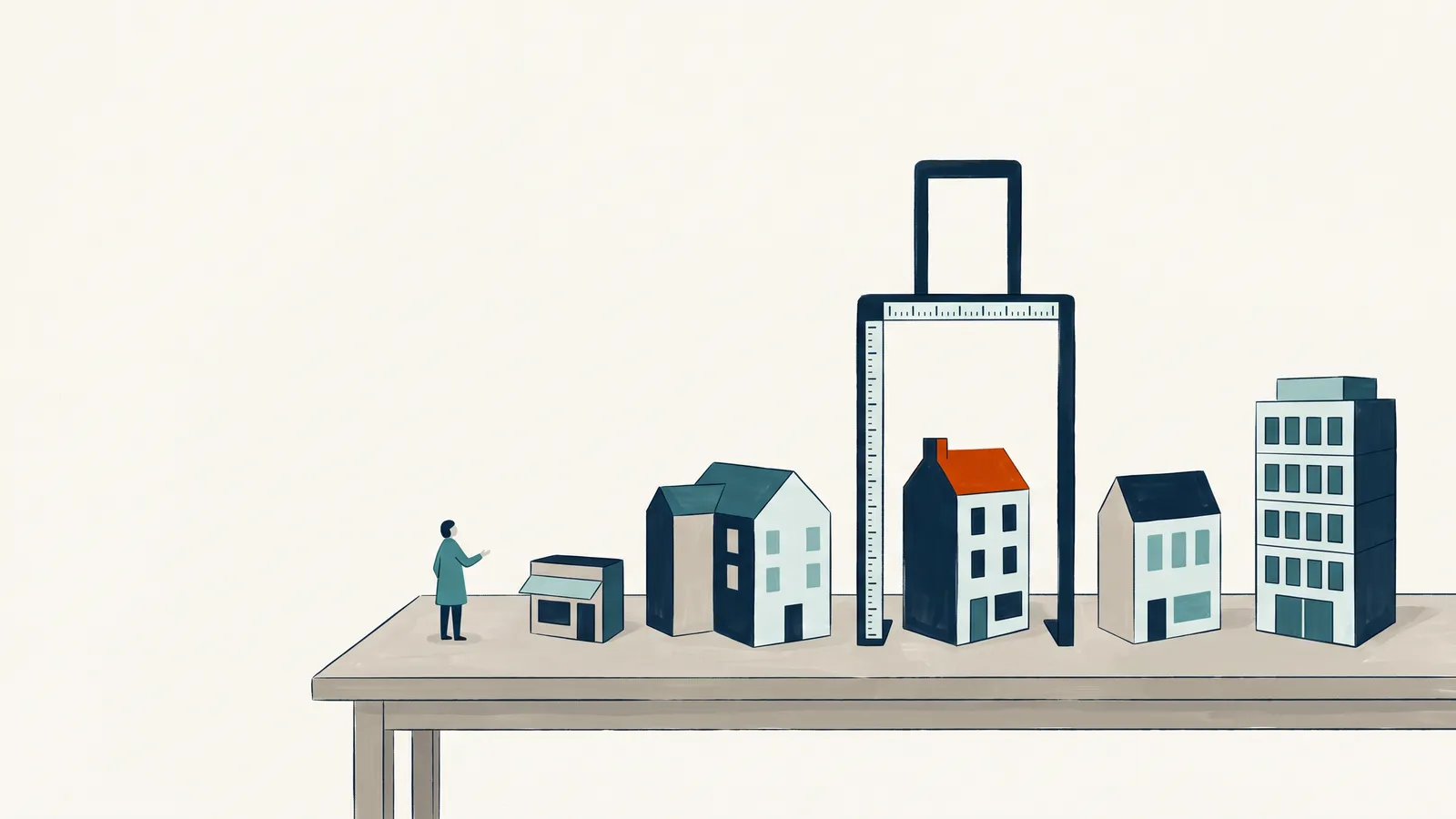 Rij gebouwen van klein winkeltje tot kantoorflat op een tafel, met een meetframe over één huis: valt uw organisatie onder de Cyberbeveiligingswet?