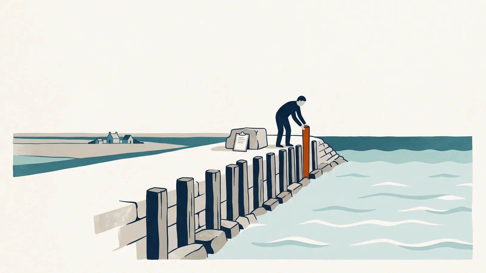 Illustratie van een dijk met een rij palen tegen het water, waar iemand de laatste oranje paal plaatst: de verplichte maatregelen van de zorgplicht uit de Cbw.