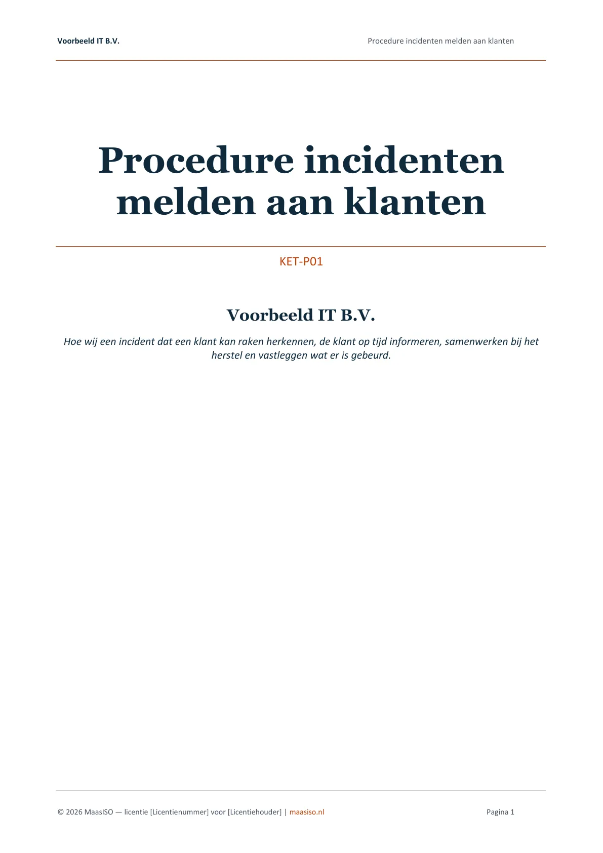 Voorblad van de procedure incidenten melden aan klanten (KET-P01)
